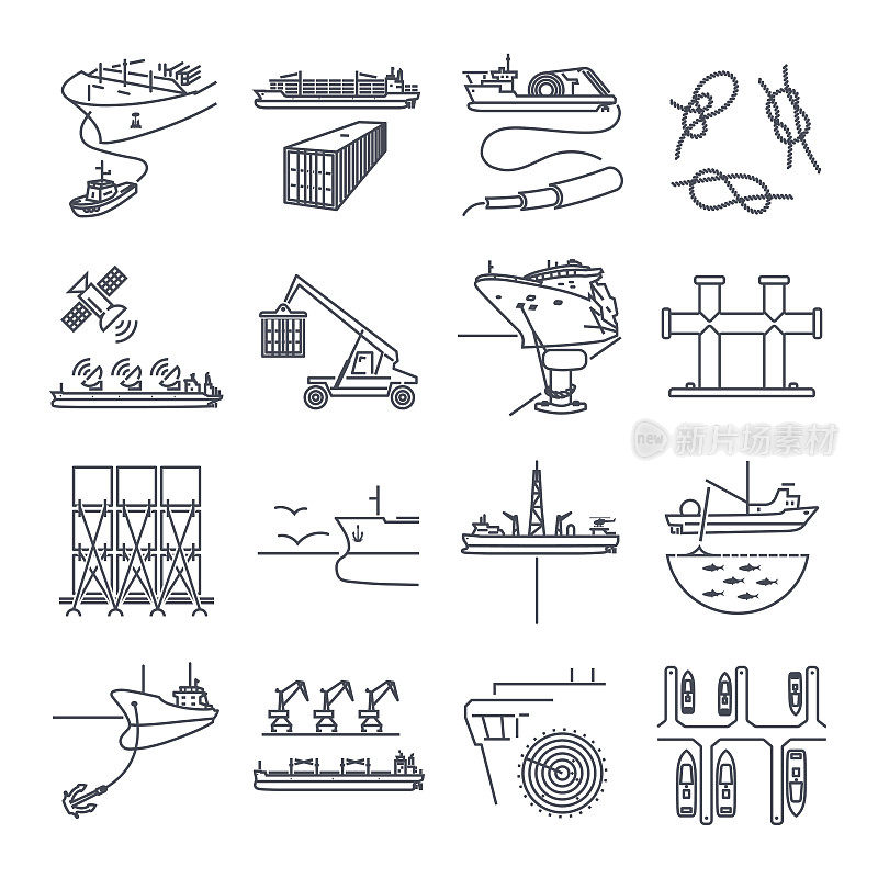 set of thin line icons water transport and sea port, container ship